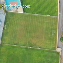 An aerial view of a sports complex featuring multiple green grass fields, including football pitches with marked goalposts. Adjacent to the fields is a blue-roofed building and a smaller area with a tennis or basketball court. Surrounding the complex, there's a road lined with trees and a dirt area with sparse vegetation.
